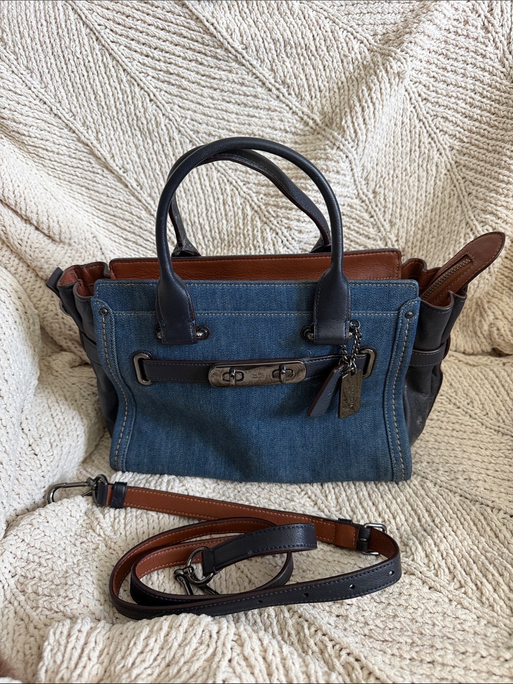 Denim and dark nevy Leather Top-Handle Satchel with Brown Trim